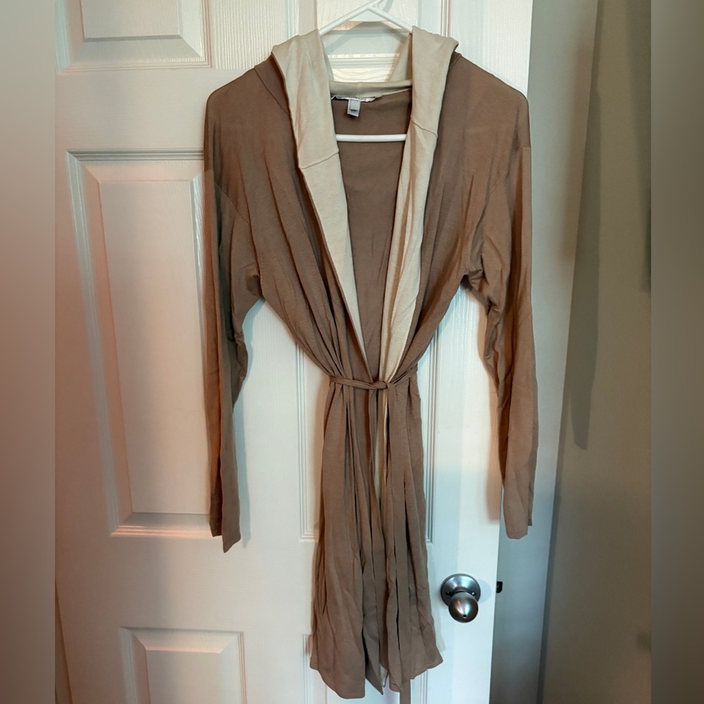MaxMara Hooded Two-Tone Tie Waist Robe in Taupe and Cream